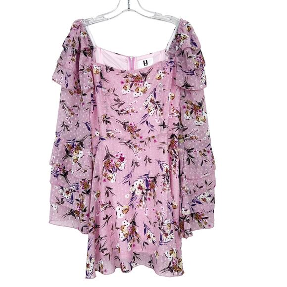 Forever Unique Pink Floral Long Sleeve Tiered Ruffle Dress Sz 16 - Picture 1 of 7